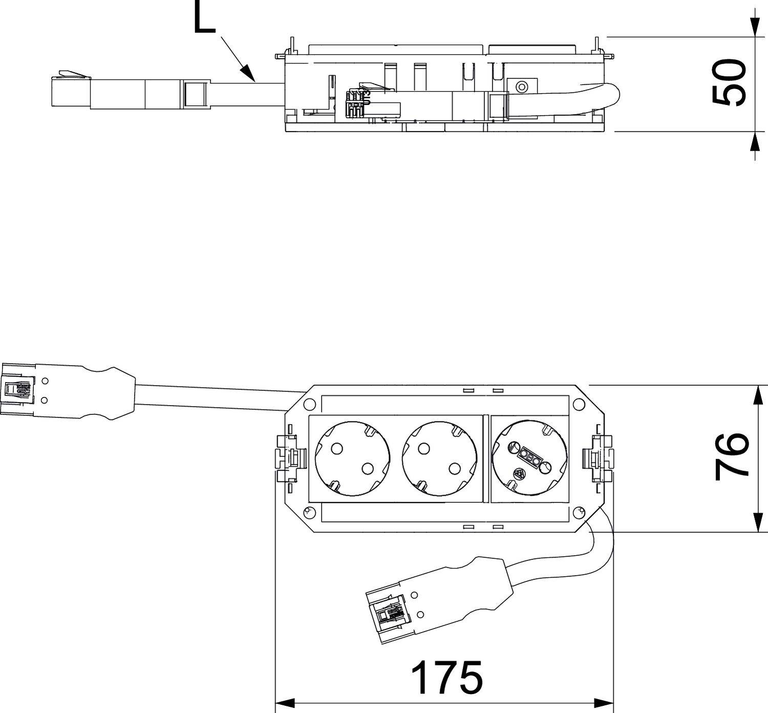 Technische tekening van een drievoudige stekkerdoos met afmetingen: lengte 175 mm, breedte 76 mm, hoogte 50 mm. Toont stopcontacten en kabels.