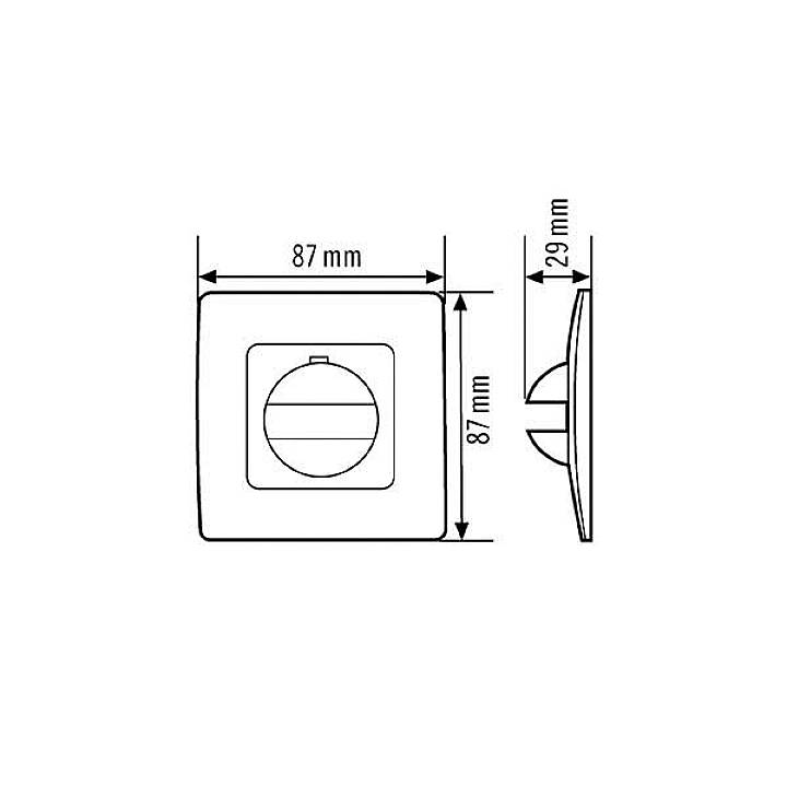 Technische tekening van een vierkante schakelaar met een bol in het midden. Afmetingen: 87 mm x 87 mm, zijaanzicht breedte: 129 mm.