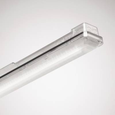 Industriële lamp met rechthoekige, transparante behuizing, plafondmontage. Geschikt voor heldere verlichting in grote ruimtes.