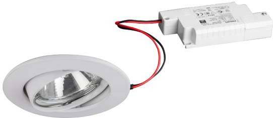 Rond LED-downlight met aangesloten transformator en rood-zwarte kabels. Geschikt voor inbouwplafonds in binnenruimtes.