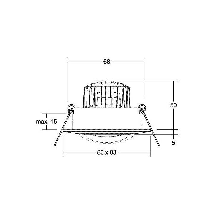 Technische tekening van een vierkante inbouwspot met afmetingen: diameter 68 mm, diepte 50 mm, totale lengte 83 mm.