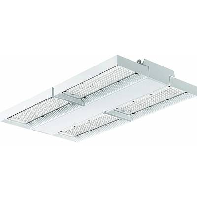 Verlichtingstoestel met vier rechthoekige LED-panelen, zilveren omlijsting. Ideaal voor kantoren of winkels.