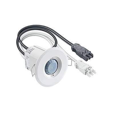 Een ronde, witte plafondbeweegmelder met kabels en stekkerverbinding, geschikt voor het besturen van verlichting in binnenruimtes.