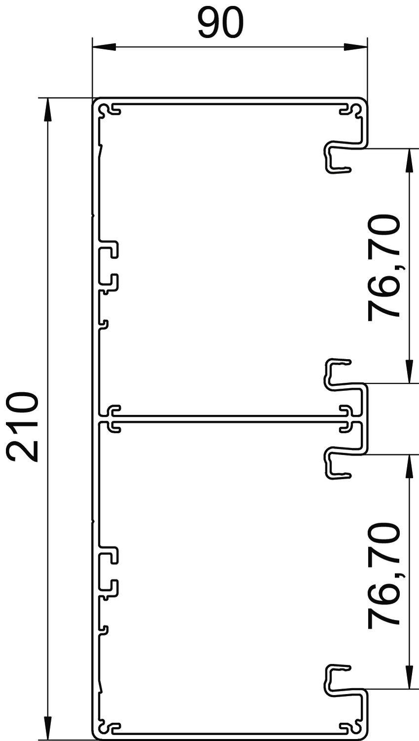 Technische tekening van een rechthoekige doorsnede met afmetingen van 90 x 210 mm. Twee binnenste secties tonen een breedte van 76,70 mm.