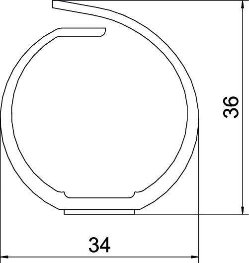 Doorsnede van een rond metalen profielbuisstructuur met afmetingen van 36 mm hoogte en 34 mm breedte.