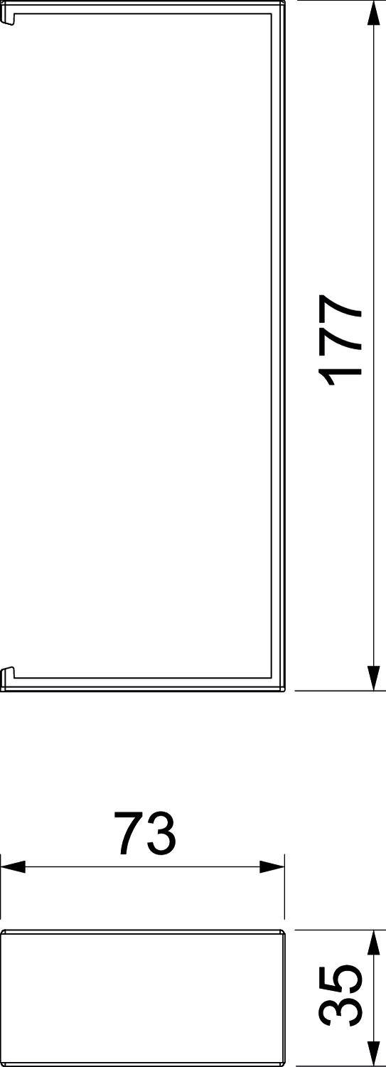 Technische tekening van een rechthoekig object met de afmetingen 177 x 73 x 35.