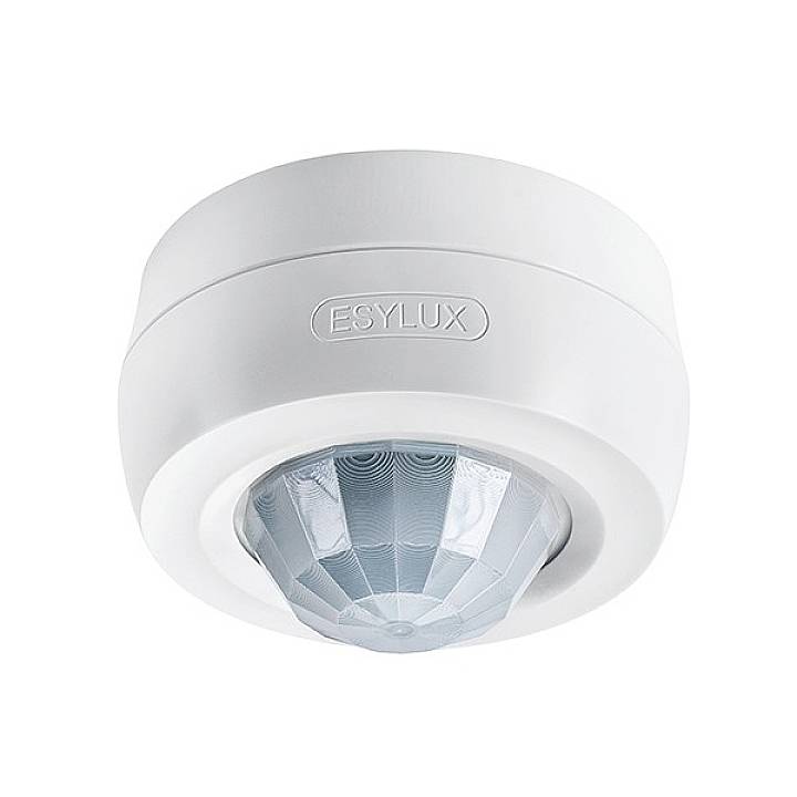 Een witte Esylux-bewegingsmelder met koepelvormig design, gemonteerd voor bewegingsdetectie in binnenruimtes.