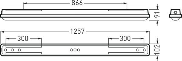 Technische tekening van een rechthoekig LED-paneel met de afmetingen 1257 mm lengte, 91 mm breedte en 102 mm hoogte.