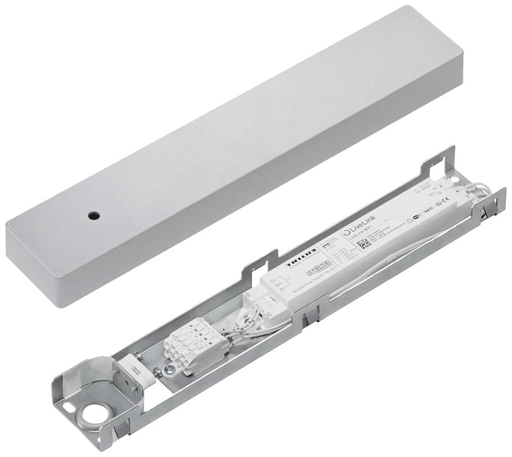 Een rechthoekige LED-stuurapparaatbehuizing met deksel in modern design, geschikt voor elektrische installatie in verlichtingssystemen.