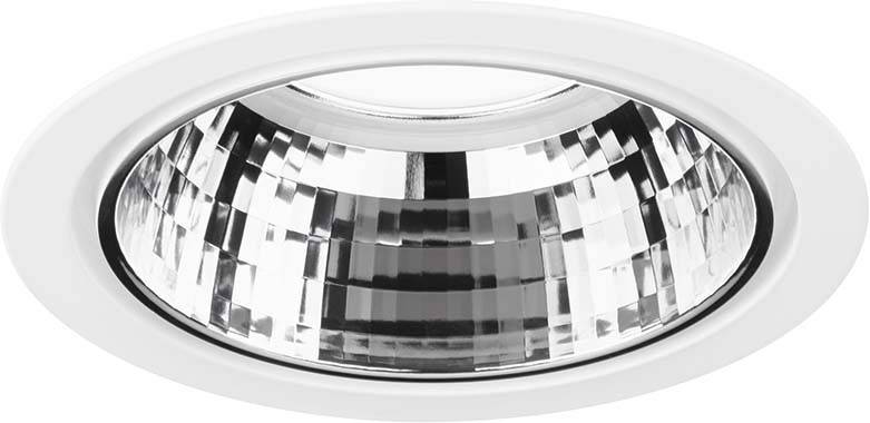 Een rond, metalen voorwerp met een reflecterende oppervlakte, dat mogelijk deel uitmaakt van een verlichtingssysteem.