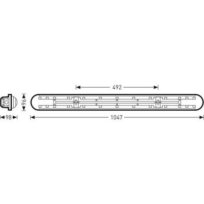 Technische tekening van een lamp. De afmetingen van de behuizing zijn opgegeven met 492 millimeter lengte en 104,7 millimeter breedte.