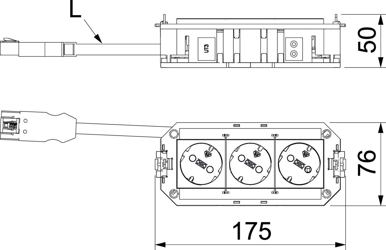 Technische tekening van een drievoudige stekkerdoos met afmetingen: 175 mm breedte, 76 mm hoogte, 50 mm diepte. Kabel verbonden aan de linkerkant.
