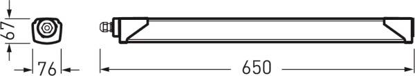 Technische tekening van een langwerpige lamp met afmetingen: lengte 650 mm, hoogte 67 mm, breedte 76 mm. Links zijaanzicht, rechts bovenaanzicht.