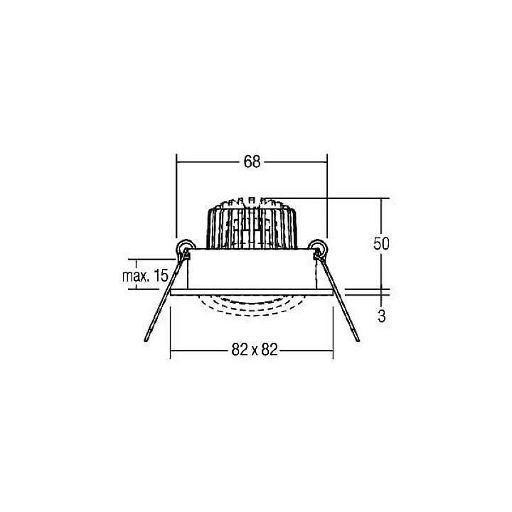 Technische tekening van een inbouwspot met afmetingen: diameter 68 mm, hoogte 50 mm, breedte 82 mm.