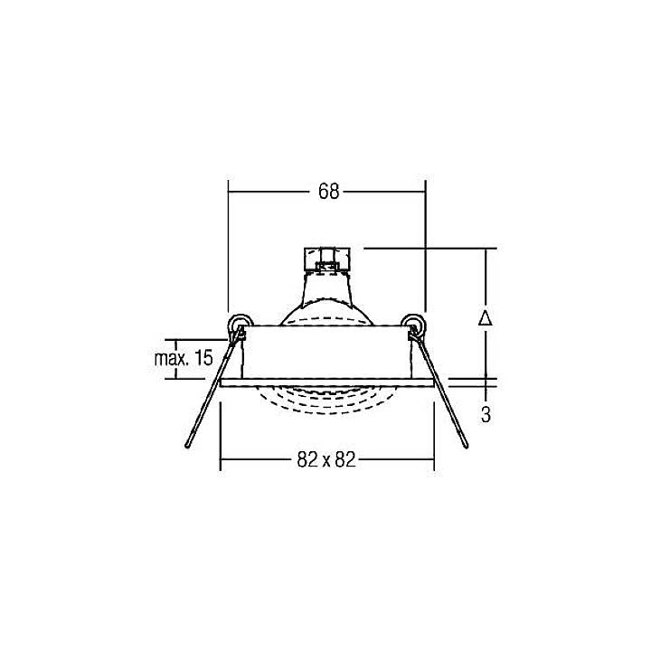 Technische tekening van een plafondspot met afmetingen: breedte 82x82 mm, hoogte 68 mm, maximale inbouwdiepte 15 mm.