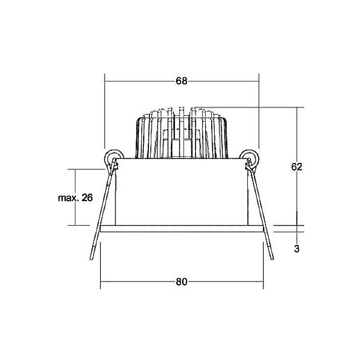 Technische tekening van een lamp met afmetingen: Breedte 80 mm, hoogte 62 mm, max. diepte 26 mm. Bovenste breedte 68 mm, hoogte onderkant 3 mm.
