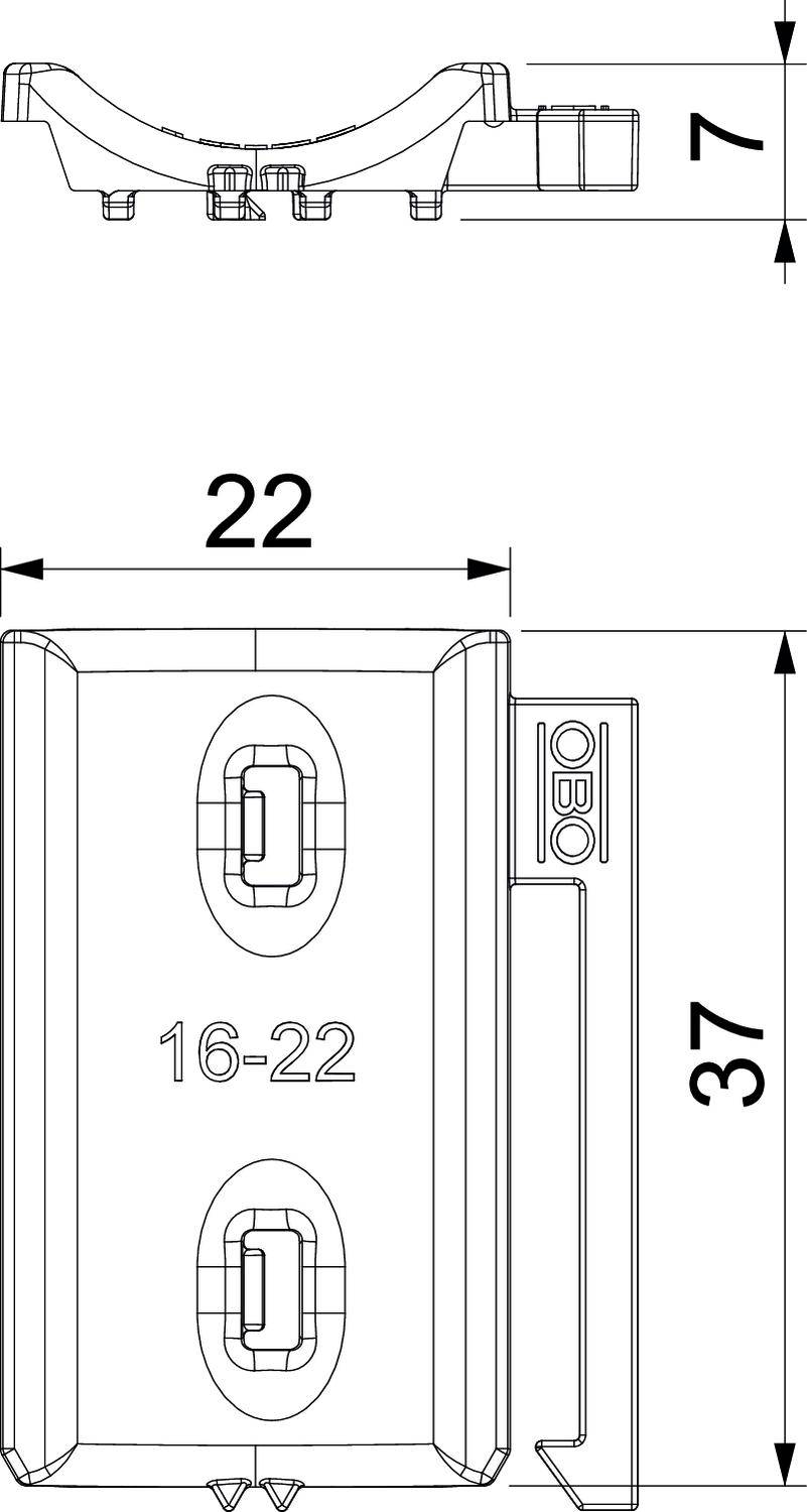 Technische tekening van een zadel met afmetingen: Breedte 22 mm, totale hoogte 37 mm, zijdelingse hoogte 7 mm. Markeringen: '16-22'.