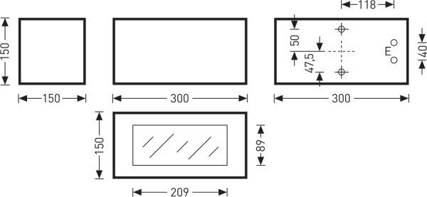 Technische tekening van vier rechthoekige elementen met afmetingen. Links twee vierkanten (150x150), rechts twee rechthoeken (300x150 en 300x118).