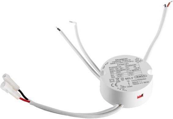 Ronde LED-transformator met kabels en technische opdruk, geschikt voor aansluiting van LED's op het elektriciteitsnet.