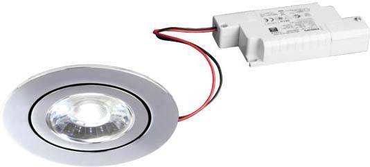 Plafondlamp met LED-verlichting, voorzien van een rond, zilverkleurig frame, verbonden via rode en zwarte kabels met een rechthoekige witte driver.