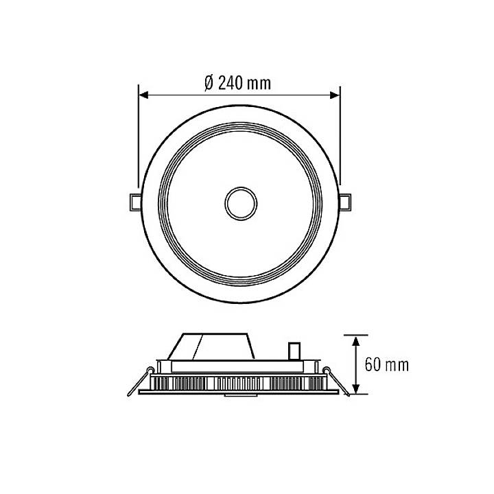 Technische tekening van een rond, ingebouwd LED-armatuurbehuizing met een diameter van 240 mm en een hoogte van 60 mm.