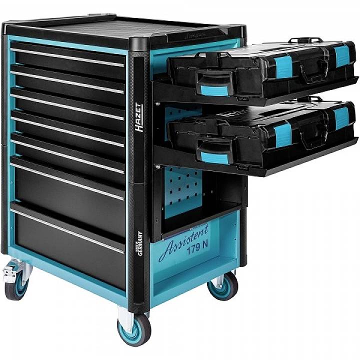 Gereedschapswagen met meerdere laden en twee uittrekbare koffers, gemonteerd op wielen, uitgevoerd in blauw en zwart.
