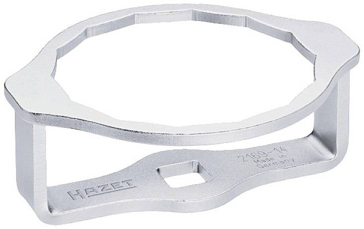 'Zilveren oliefiltersleutel van Hazet, model 2169-14, made in Germany. Zeskantopening voor eenvoudige bediening.'