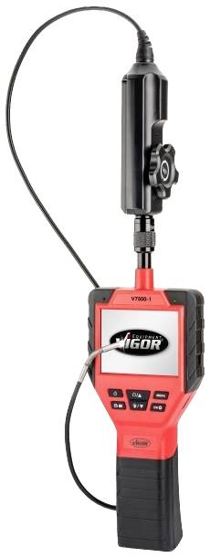 Een rood diagnostisch apparaat met een scherm en cameraopzetstuk. Op het scherm staat 'VIGOR' als merknaam.
