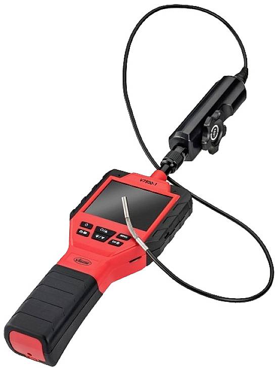 Rood endoscopisch inspectiegereedschap met flexibel camerakabel en scherm, voor het controleren van moeilijk bereikbare plaatsen.