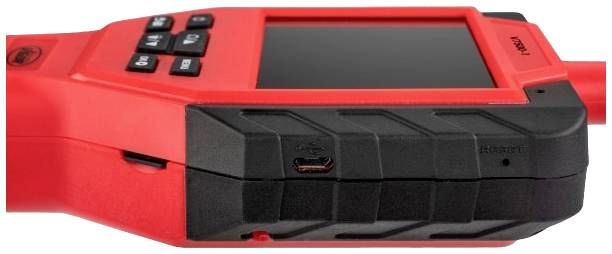 Rood elektronisch apparaat met display en toetsen, gezien van opzij. Het heeft een USB-poort en wordt waarschijnlijk gebruikt voor metingen.