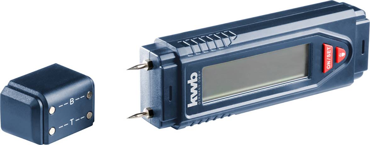 Vochtigheidsmeter met digitale weergave en twee metalen sondes. Dop met markeringen 'B' en 'T'. Professioneel meetinstrument.