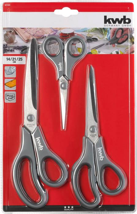 Drie scharen in verschillende formaten (14/21/25 cm) in een rode verpakking van 'kwb GERMANY GMBH'.