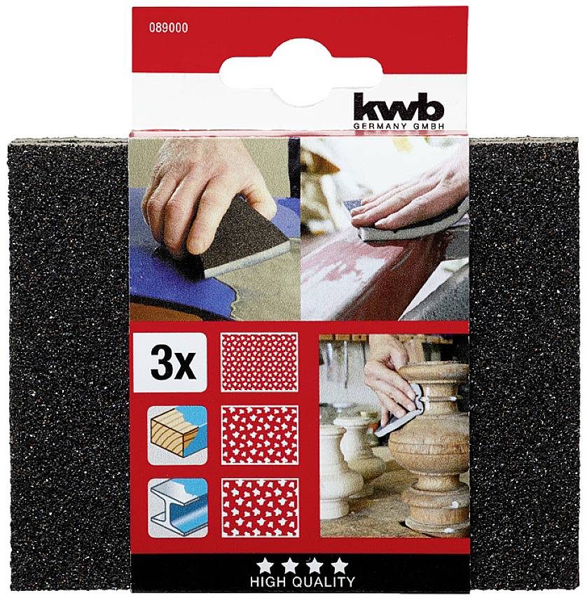 Verpakking met schuursponsjes. Bovenaan hand die een spons over een blauwe oppervlakte wrijft. Onderaan hand die een spons gebruikt aan een houten paal.