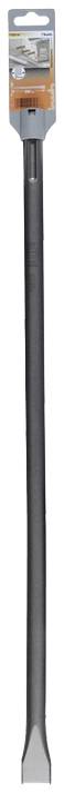 Zwarte beitel met brede punt en beige verpakking bovenaan. Verpakking toont productinformatie. Gereedschap voor bouwwerkzaamheden.