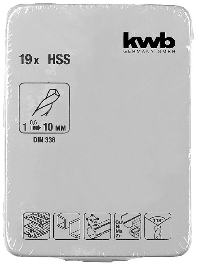 '19 x HSS 1-10 mm DIN 338' Boorset van KWB, geschikt voor metaal, kunststof en hout. Verpakking beschrijft toepassingen en afmetingen.