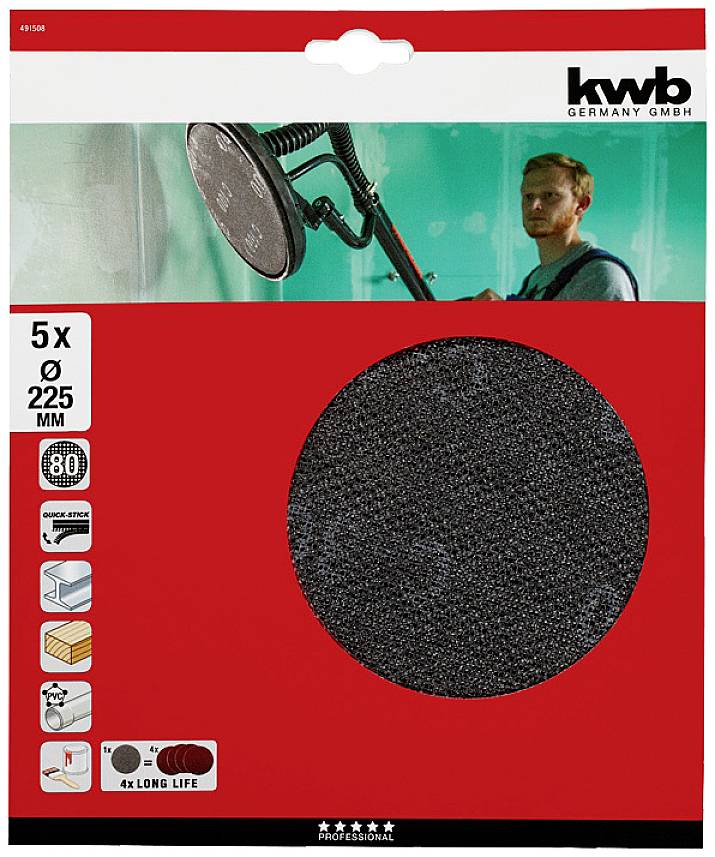 De verpakking toont een schuurpapierset van kwb voor gipsplaatschuurmachines, bestaande uit 5 stuks, 225 mm diameter, voor langdurig gebruik.