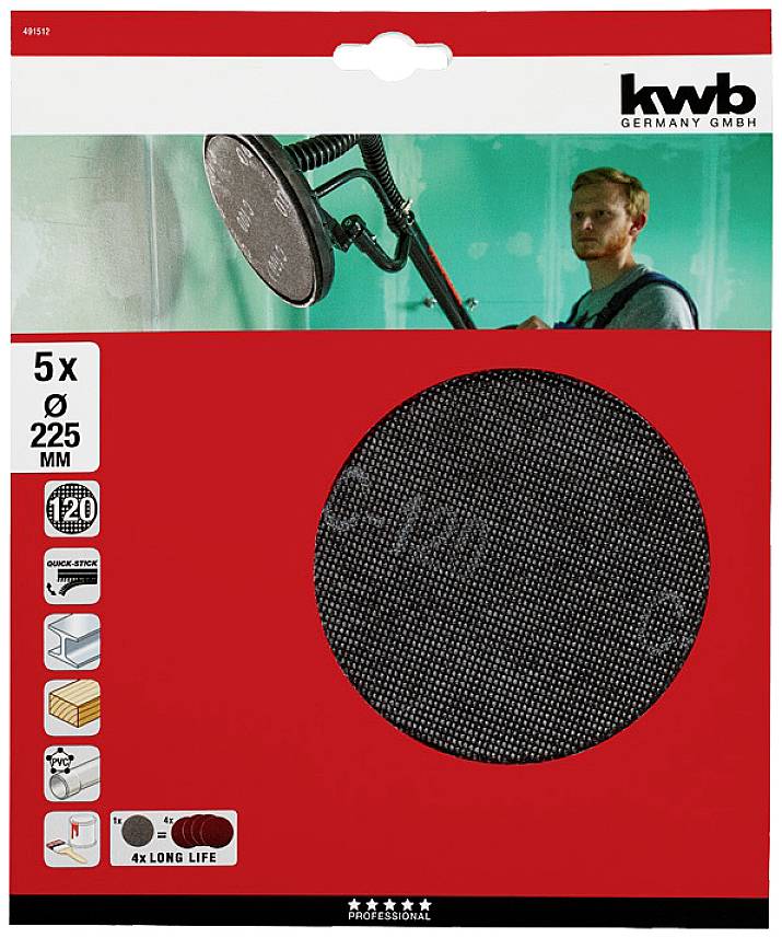 Verpakking van een kwb-schuurrooster, toont schuurapparaat in gebruik. Bevat 5 stuks, diameter 225 mm, voor langdurig gebruik.