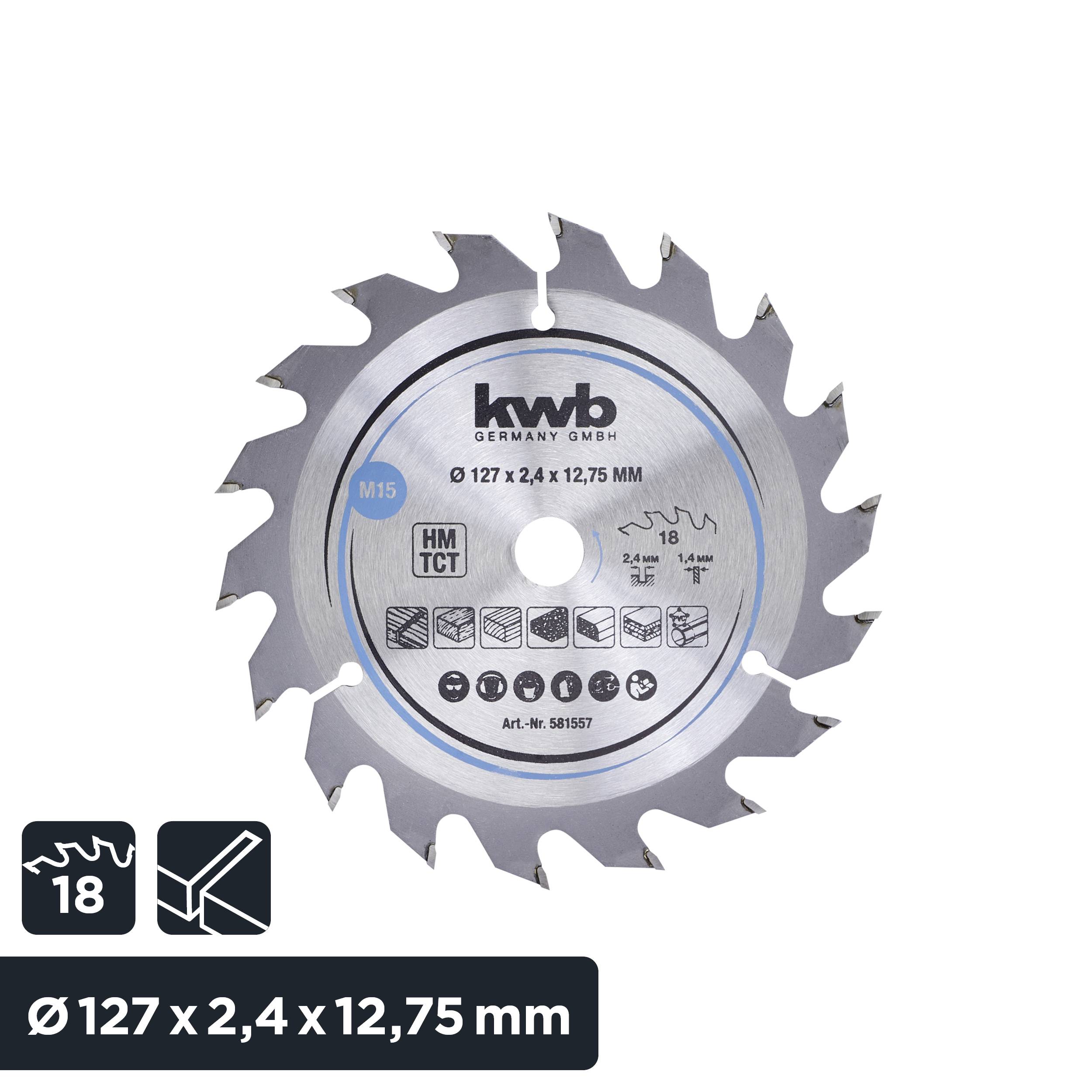 Cirkelzaagblad van kwb Germany, Ø 127 x 2,4 x 12,75 mm, geschikt voor hout, kunststof en metaal, 18 tanden, hardmetalen snijkant.