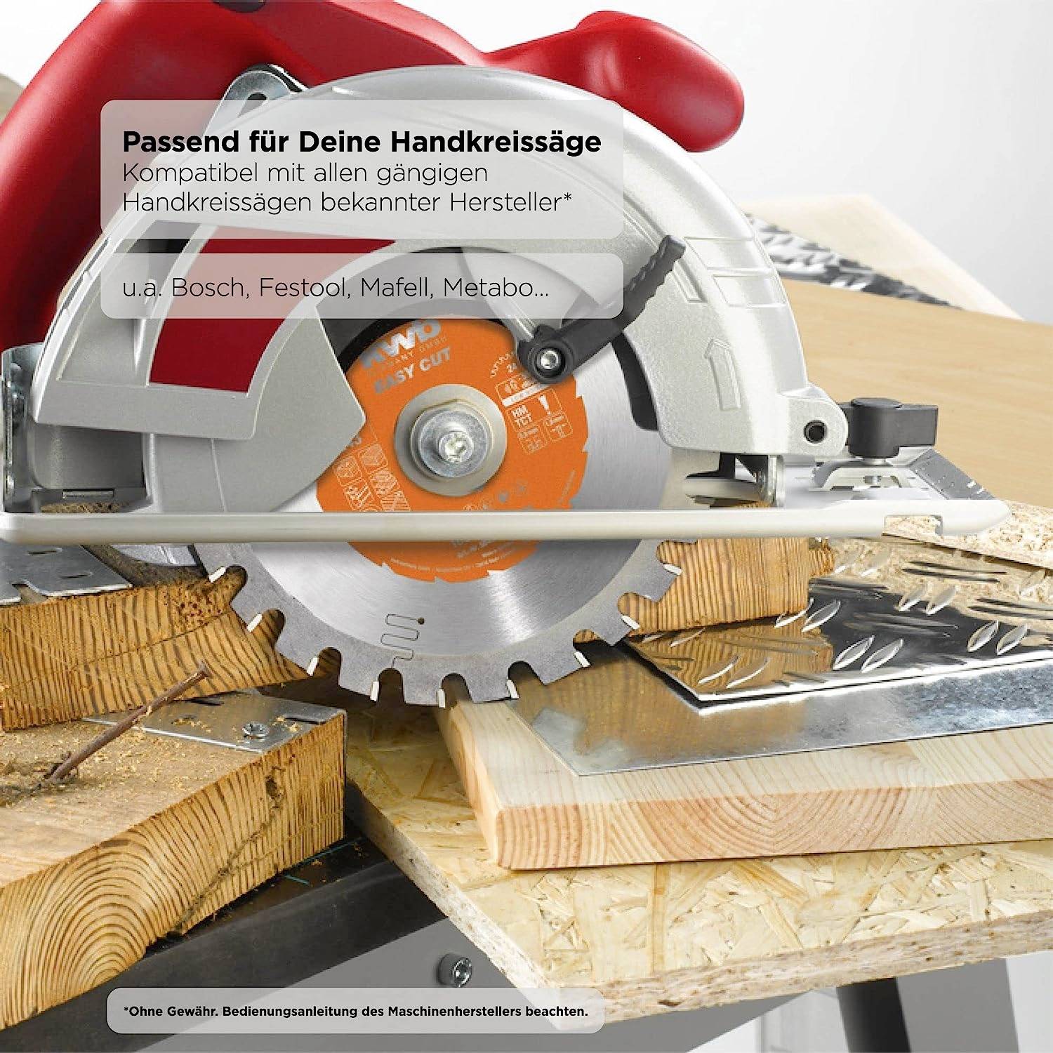 Handcirkelzaag op houten tafel. Tekst: 'Passend voor jouw handcirkelzaag' en compatibele merken: 'Bosch, Festool, Mafell, Metabo'.