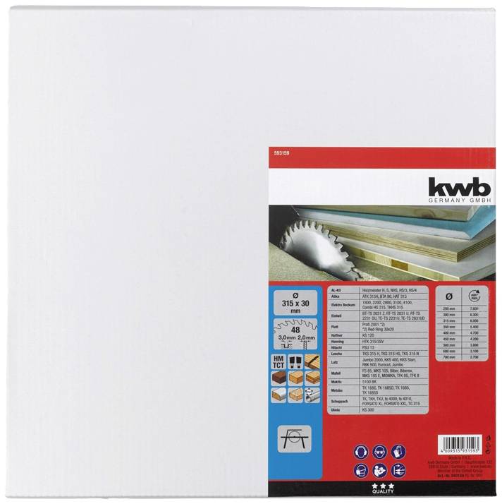 Verpakking van een cirkelzaagblad van 'kwb Germany GmbH', geschikt voor verschillende materialen, diameter: 315 mm.