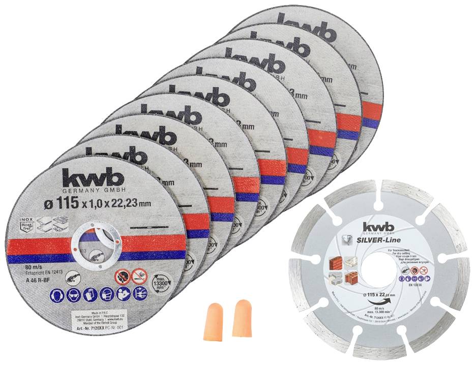 Een set van zeven slijpschijven en een diamantslijpschijf van het merk 'kwb', geschikt voor metaal- en steenbewerking, met twee gehoorbeschermers.