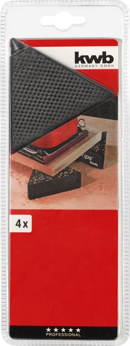 Vier zwarte schuurbladen in een rode verpakking van 'kwb Germany'. Geschikt voor schuurmachines, als toebehoren voor professioneel gebruik.