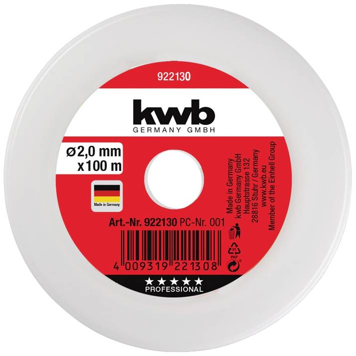 Ronde rode spoel met wit etiket, 'kwb GERMANY GMBH', draaddiameter 2,0 mm, lengte 100 m, vervaardigd in Duitsland.