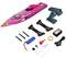 Bestuurbare modelboot-set met roze boot, afstandsbediening, twee steunen, accu, oplader, luchtballon en accessoires.