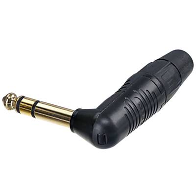 Een L-vormige 6,35 mm audiojack-adapter met een zwart, geribbeld behuizing en vergulde contactpunten.