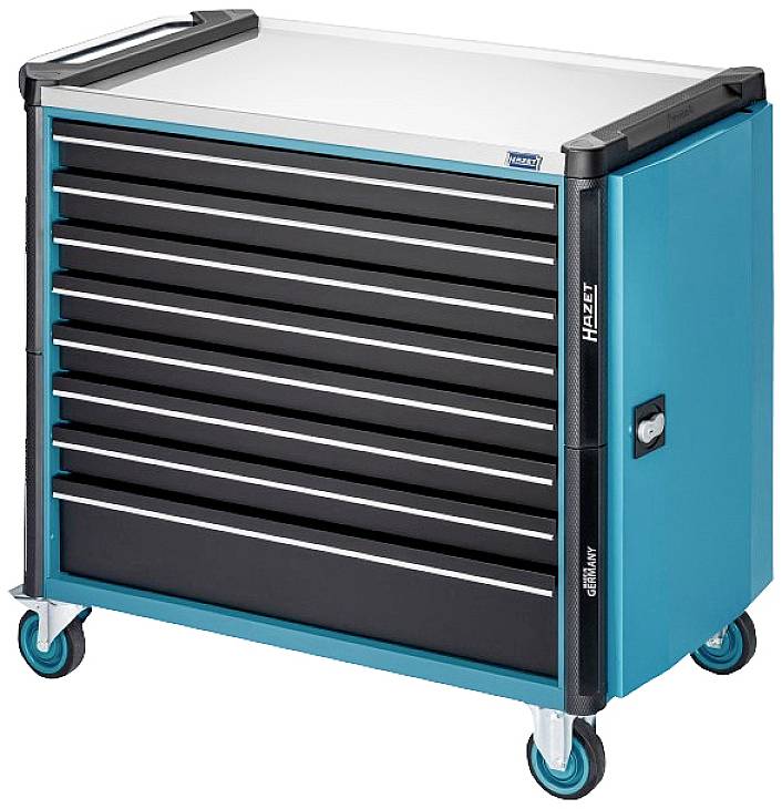 Gereedschapswagen met acht laden, blauw-zwart, op wielen. Ideaal voor werkplaatsorganisatie en gereedschapsopslag.