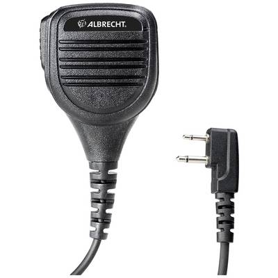 Zwart handmicrofoon met kabel en dubbele stekker, merknaam 'Albrecht' bovenaan. Geschikt voor radio- of communicatieapparatuur.