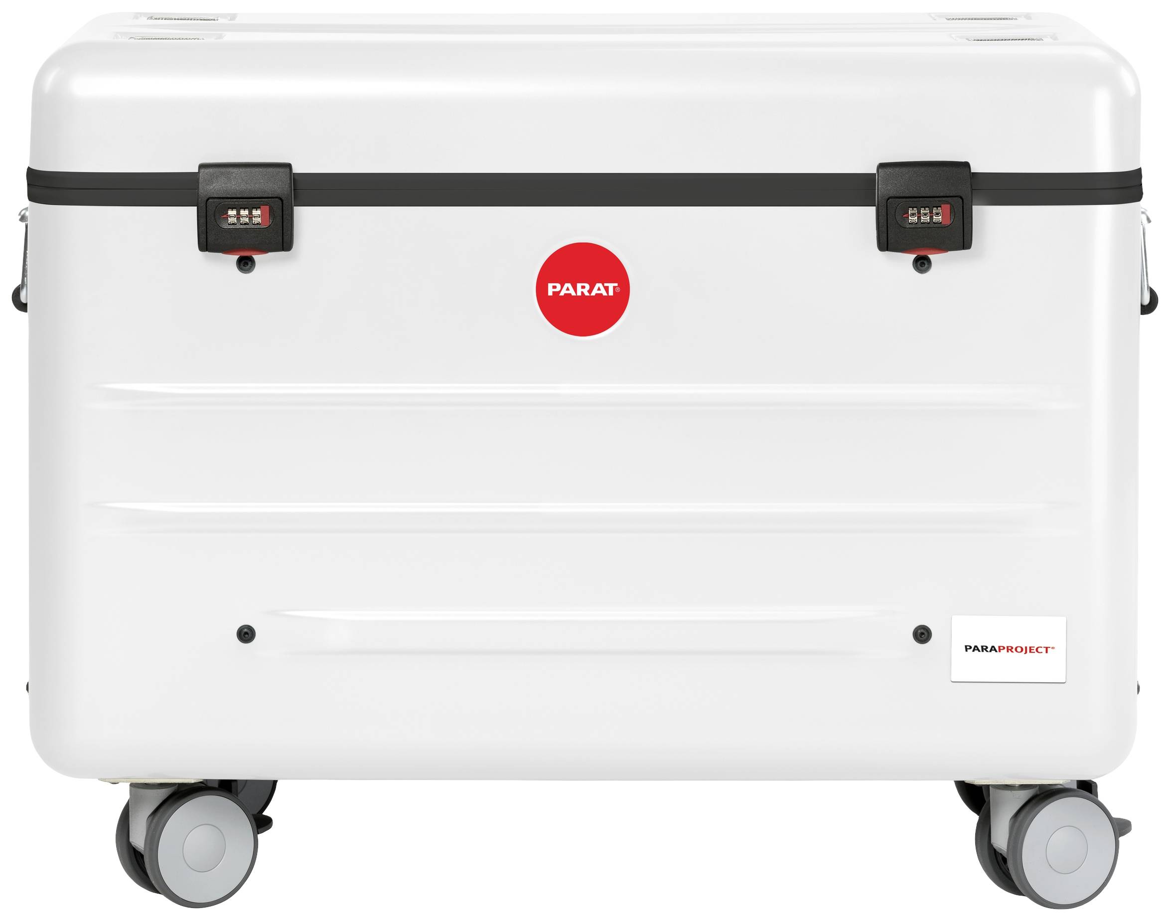 Een witte, robuuste transportkoffer met wielen en twee zwarte sluitingen. Boven het centrale logo staat 'PARAT'.
