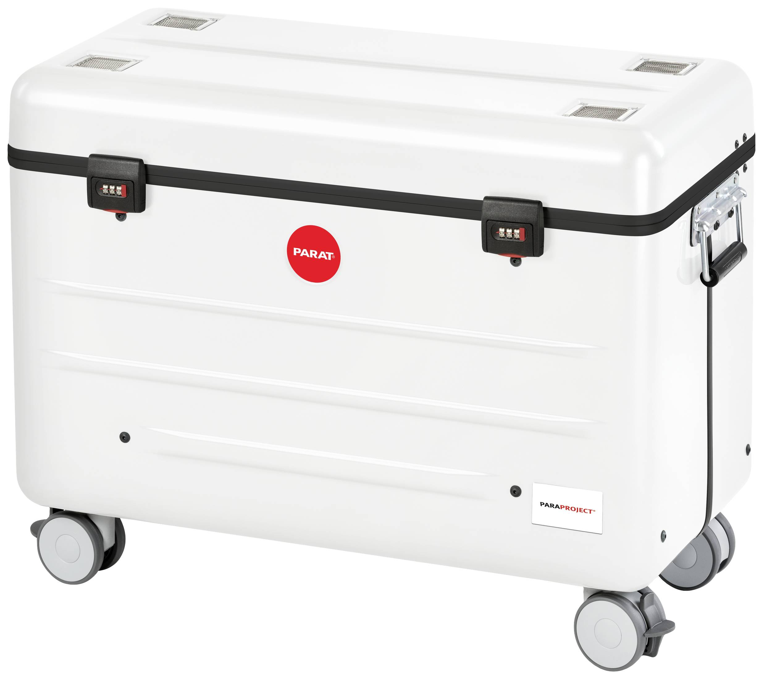 Witte, afsluitbare transportbox met wielen, geschikt voor het veilig vervoeren of opslaan van uitrusting.
