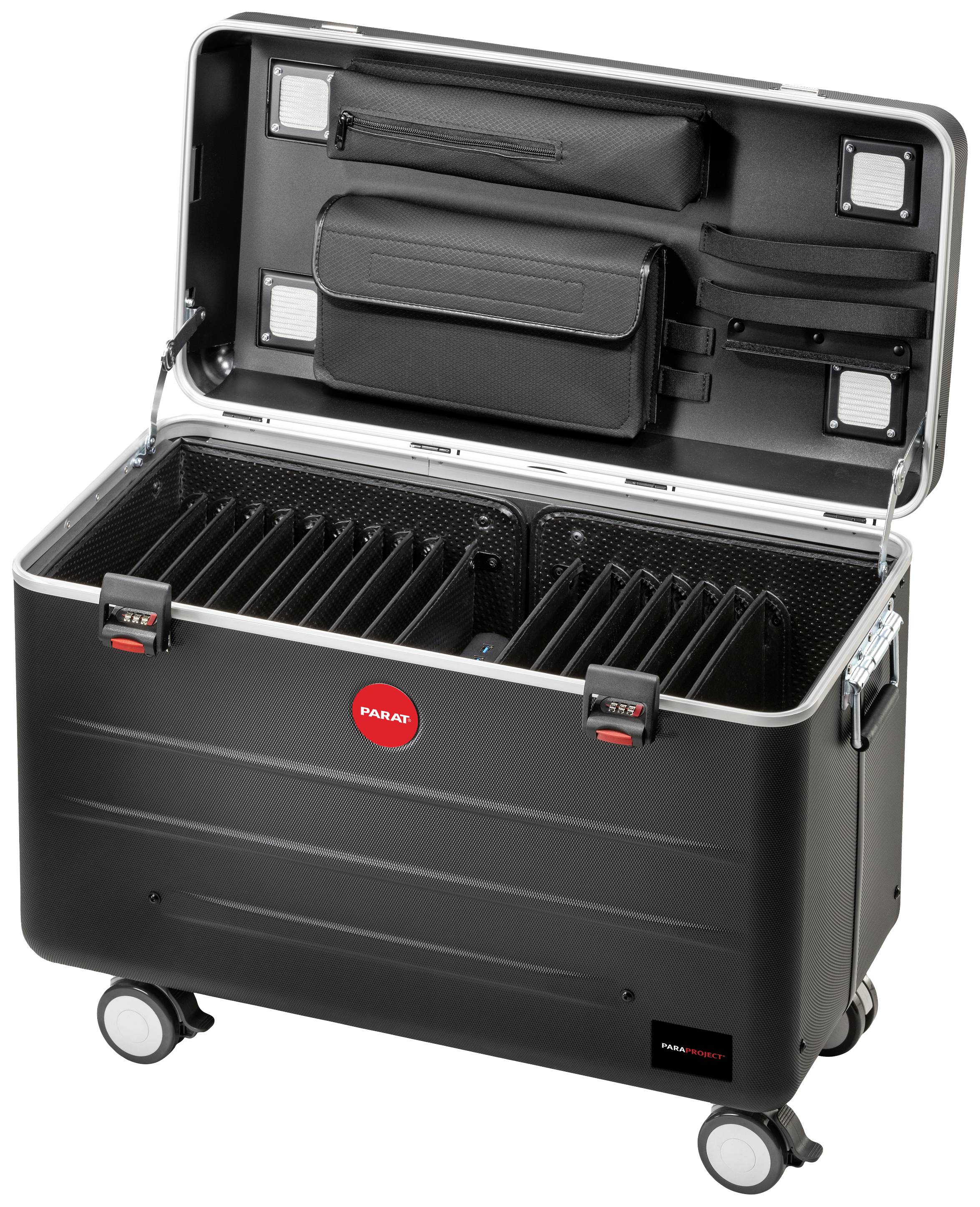 Een geopende, zwarte hardshell koffer met wielen en binnenvakken, geschikt voor het opbergen van uitrusting of gevoelige voorwerpen.